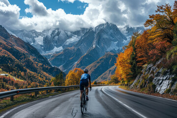 Fototapeta premium Cyclist riding road bike in the mountains in autumn