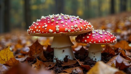 Fototapeta premium Vivid red Amanita mushrooms among autumn leaves in forest
