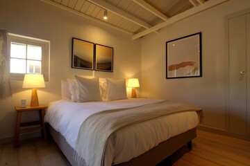 A bedroom with a large bed and a painting on the wall, generative ai image