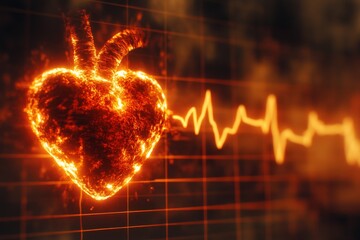 Burning Heart with EKG Line Display in a Digital Medical Interface Representing Cardiovascular Activity and Health Monitoring