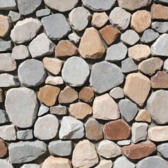 close-up view of a stone wall. The wall is constructed with irregularly circular stones of varying sizes and colors, ranging from light gray to beige and brown.
