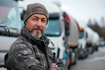 Fototapeta premium Truck driver standing with arms crossed in front of trucks