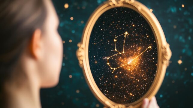 Person gazing into a mirror that reflects a zodiac constellation, self-reflection and destiny