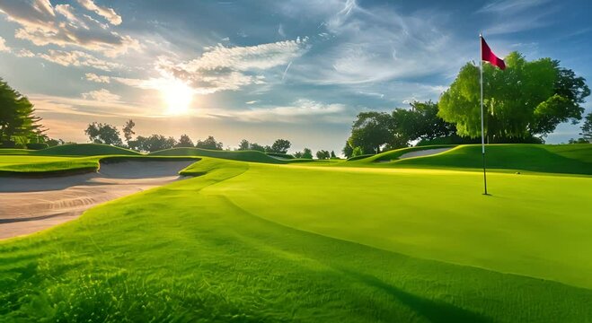 A golf course green with a flag in the wind under a cloudy sky