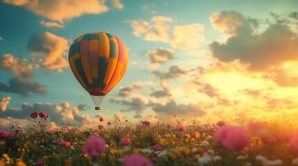 Obraz premium Colorful Hot Air Balloon Soaring Above Field of Flowers at Sunset