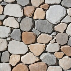 Fototapeta premium close-up view of a stone wall. The wall is constructed with irregularly circular stones of varying sizes and colors, ranging from light gray to beige and brown.