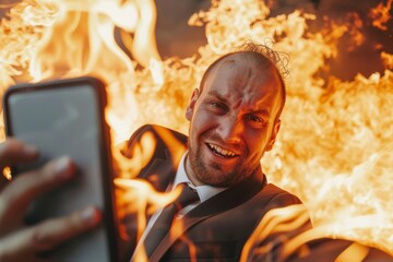 A man takes a selfie surrounded by flames and smoke, capturing panic and urgency in this intense scene