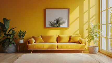 3D Illustration of a Modern Living Room with Yellow Walls and a Yellow Sofa