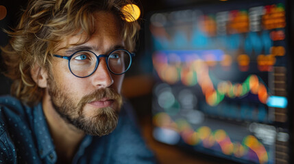 A young professional reviewing stock market charts and financial data on a computer screen