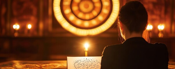 Person observing a horoscope reading in a traditional astrology parlor, cultural and atmospheric