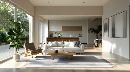 3D render of a minimalist home interior designed for downsizing, featuring compact furniture.


