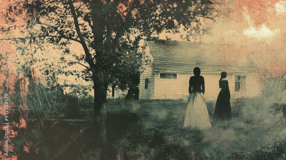 Poster Two Silhouettes of Women Standing in Front of a House