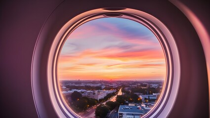 Naklejka premium Beautiful Scenic City Sunset View Through Aircraft Window: Capturing the Golden Horizon from Above
