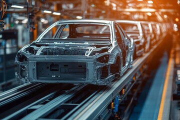 Obraz premium Automated car body assembly on conveyor modern manufacturing process in automotive industry
