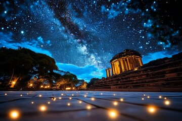 Obraz premium Starry skies stretching above an ancient temple, lending a mystical atmosphere to the historic site