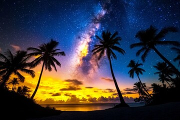 Fototapeta premium Starry skies stretching over a tropical forest, with the silhouettes of palm trees gently swaying in the breeze