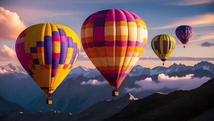 Naklejka premium Colorful Hot Air Balloons Soaring Above High Mountains at Sunrise: A Stunning View Against a Beautiful Sky Background