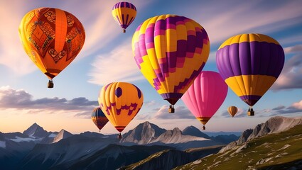 Obraz premium Colorful Hot Air Balloons Soaring Above High Mountains at Sunrise: A Stunning View Against a Beautiful Sky Background
