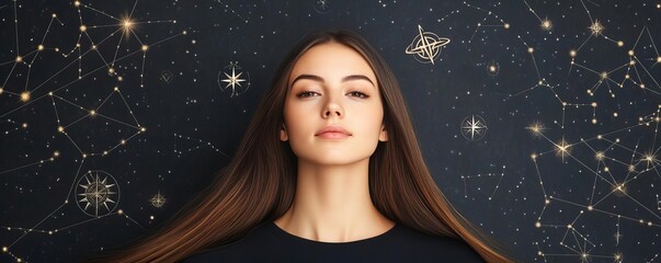 Woman with long flowing hair surrounded by floating astrological symbols, ethereal and dreamlike atmosphere