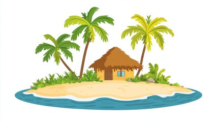 Illustration of a small tropical island with palm trees and a thatched-roof hut, surrounded by clear blue water and greenery.