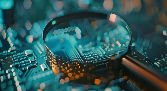 A magnifying glass reveals intricate circuitry on a green motherboard with blue and yellow bokeh in the background.