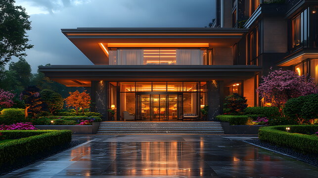 The area in front of the hotel is the first place that impresses guests. Therefore, it is designed and built beautifully to attract visitors. You can use this image as idea for decorating the place.