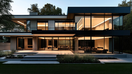 Fototapeta premium Modern two-story house with large glass windows, minimalist design, outdoor living area, and lit interior spaces, set in a lush green landscape during dusk.
