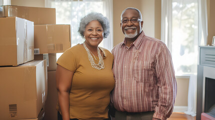 Senior couple excitedly moving into their new downsized home with fewer belongings.


