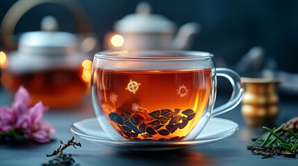 Zodiac signs appearing in tea leaves in a cup, cozy and mystical atmosphere, fortune-telling concept