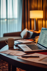 Work table with laptop, coffee cup, and scattered documents in a hotel room