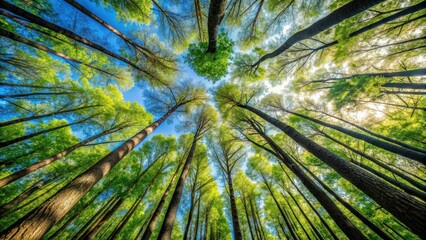 Close-up view of forest trees seen from ground level