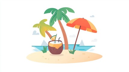 Illustration of a tropical beach scene with palm trees, a cocktail in a coconut, and a beach umbrella under a clear sky.