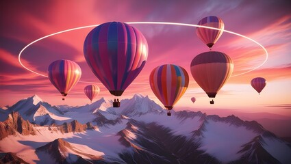 Obraz premium Colorful Hot Air Balloons Soaring Above High Mountains at Sunrise: A Stunning View Against a Beautiful Sky Background