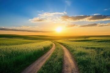 Grassy Field Road in Kansas Prairie at Sunset. Beautiful Landscape with Green Meadow and Summer Sky
