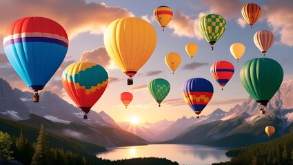 Naklejka premium Colorful Hot Air Balloons Soaring Above High Mountains at Sunrise: A Stunning View Against a Beautiful Sky Background
