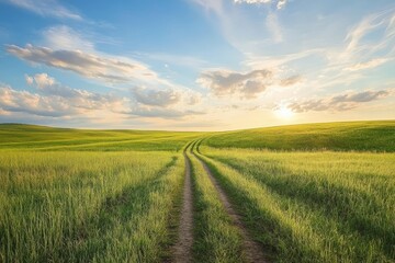 Obraz premium Grassy Field. Sunset Road in Kansas Prairie: Landscape Nature Scene