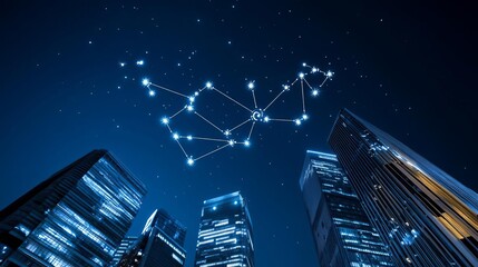 Zodiac symbols appearing as constellations in a city night sky, blending urban and cosmic