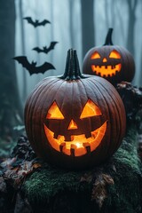 Spooky halloween pumpkins in forest. Scary halloween background with free space for text. Jack-o-lantern on a wooden table