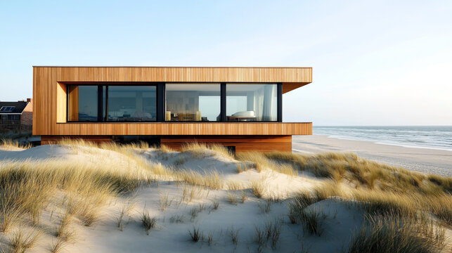 Modern wooden house with large windows located on sandy beach dunes, overlooking the ocean during a clear day. The house features minimalistic design and panoramic views.