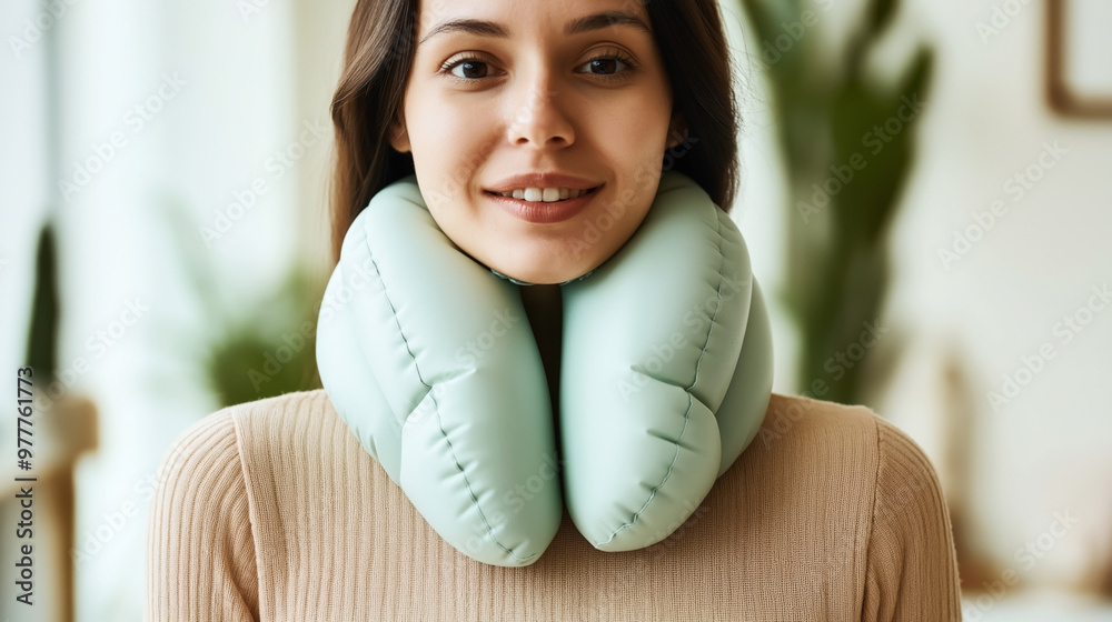 Sticker Smiling woman wearing a green neck pillow in a cozy indoor setting with plants in the background.