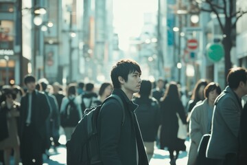 Vibrant scene of a bustling tokyo street filled with a diverse crowd of people walking