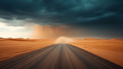Naklejka premium A dramatic desert scene featuring a winding road leading into stormy skies. Captivating and atmospheric for adventurous imagery.