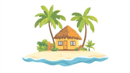 Illustration of tropical island with palm trees and a beach hut, surrounded by water. Perfect as a vacation or travel concept image.