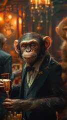 Obraz premium Monkey holding a glass of wine in a bar, animal background