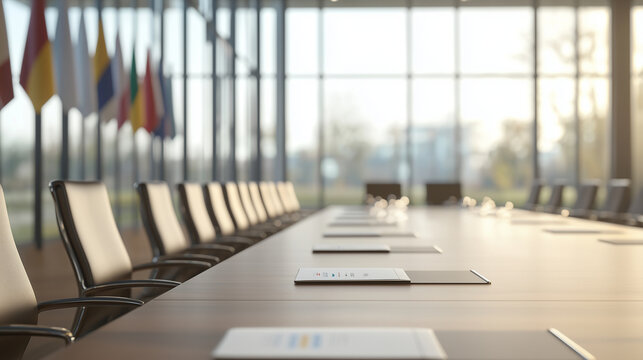 high-end conference room with a panoramic view and sophisticated furniture. A row of international flags should be neatly arranged along a wall or mounted on stands at the room's e