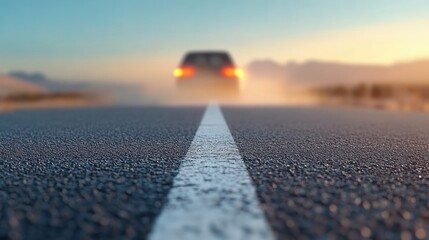 A serene view of a road at sunrise, showcasing a car in the distance, symbolizing freedom and journey ahead.