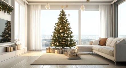 Festive Living Room Decor with Stunning Christmas Tree and 3D Rendering