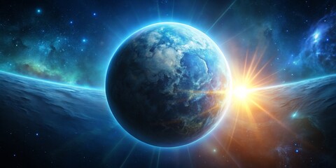 Obraz premium A Cosmic Sunrise A Blue Planet Emerges From the Depths of Space, Space, Planet, Sunrise