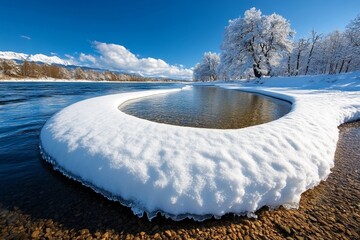 Winter nature landscape of a peaceful riverbank where snow meets the water, creating a striking contrast