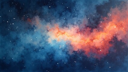 Fototapeta premium Abstract cosmic watercolor background with swirling blues blacks fiery orange and soft white stars